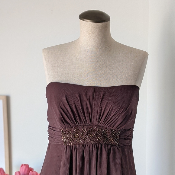 brown strapless crinkle chiffon floor length prom dress - Picture 3 of 11